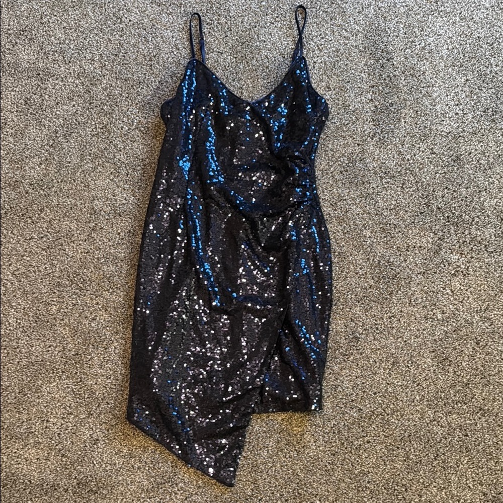 Lulu's Asymmetrical Sequin Wrap Dress Black and Blue